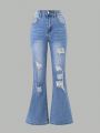 Girls' Fashionable Broken Holes Zipper Fly Bell Bottom Jeans