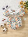 Infant Baby Girls' Floral Print Puff Sleeve Shirred Bodysuit With Doll Neckline