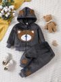 Baby Boy Bear Embroidery 3D Ear Design Hooded Flannel Jacket & Pants