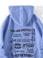 Plus Size Hooded Long Sleeve Sweatshirt With Text Print