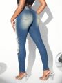 SHEIN SXY Women'S Distressed High-Waisted Washed Denim Jeans