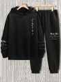 Manfinity Hypemode Loose Fit Hoodie And Sweatpants Set For Men, With Printed Slogan