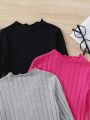 SHEIN Kids QTFun Young Girl Solid Color High Collar Striped Long Sleeve T-Shirt Three-Piece Set