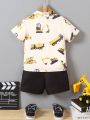 Young Boy Excavator Print Shirt And Solid Shorts Casual 2pcs Outfit