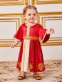 SHEIN Baby Girl's Gorgeous Satin Color Block Vintage Pattern Mid-Sleeve Midi Dress
