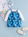 Baby Girls' Trendy Denim-like Patterned Dress With White Solid Color Inner Top