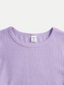 SHEIN Teen Girls' Solid Color Ribbed Round Neck Long Sleeve T-Shirt
