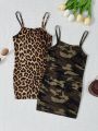 SHEIN Kids Cooltwn Toddler Girls' Leopard Camo Print Two Pieces Spaghetti Strap Dress Set