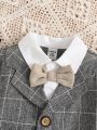 Autumn And Winter Gentleman Style Plaid Vest Shirt Faux Two-piece Baby Set