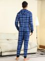 Men's Grid Pattern Zipper Hooded Jumpsuit For Home Wear