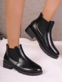 Women's Fashionable Short Boots, Chunky Heel, Round Toe, Black All-match Pu Leather Chelsea & Ankle & Slip-on Casual Boots