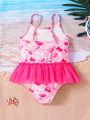 SHEIN Young Girl'S Knitted Halter Mesh Swimsuit With Ruffle Hem For Casual And Holiday