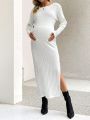 SHEIN Solid Color Ribbed Maternity Knit Dress With High Slit