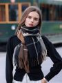 1pc Women's Plus Size Plaid Cashmere-like Warm Fringed Scarf Shawl, Suitable For Daily Wear