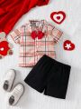 Baby Boy Valentine's Day Bear Printed Short Sleeve Shirt With Tie And Shorts Set, 2pcs, Summer