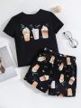 SHEIN Young Girl Knitted Letters Dessert Printing Loose Round Neck T-Shirt & Knitted Loose Shorts Home Wear Set