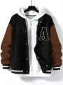 Men's Collarless Jacket With Contrast Color And Stripe Detailing And Letter Pattern