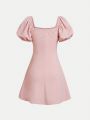SHEIN Teenage Girls' Knit Solid Color Square Neck Bubble Sleeve Casual Dress