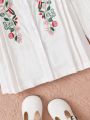 SHEIN Kids EVRYDAY Young Girl Floral Embroidery Pleated Detail Shirt