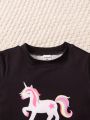 SHEIN Kids QTFun 2pcs Toddler Girls' Comfortable Unicorn & Star Printed Casual T-shirts