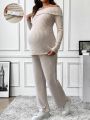 SHEIN Maternity Solid Color Off Shoulder Top And Pants Set