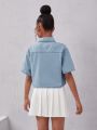 SHEIN Girls' Non-stretch Regular Fit Casual Denim Short Sleeve Top