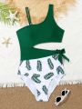 Teenage Girls' Random Leaf Print Hollow Out Waist One-Piece Swimsuit