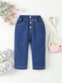Baby Girls' Basic Leisure Elastic Waistband Soft Denim Tapered Pants With Button Front Details, Medium Blue Wash