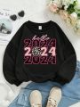 Girls' Casual Fleece Lined Round Neck Sweatshirt With 2024 New Year Print