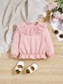 SHEIN Baby Girls' Casual Pink Lace Trimmed Doll Collar Long Sleeve Sweatshirt