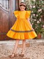 SHEIN Kids CHARMNG Tween Girl Round Neck Holiday Style Dress With Ruffle Sleeve And Weave Belt