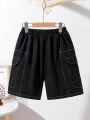 SHEIN Kids Cooltwn Tween Boys' Casual Letter Patched 3d Pockets Wide Leg Woven Shorts
