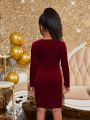 SHEIN Kids Cooltwn Girls' Fashionable Party Elegant Knitted Velvet Solid Color V-Neck Long Sleeve Dress