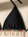 SHEIN Swim Mod Women'S Two-Piece Rhinestone Decorated Black Bikini Swimsuit
