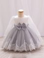 Baby Girls' Lace & Mesh Dress With Bow Decoration And Patchwork Design