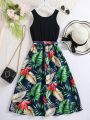 Tropical Print Belted Cami Dress