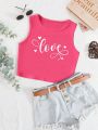 Teenage Girls' Casual Letter Print Sleeveless Crop Top, Suitable For Summer