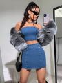 SHEIN ICON Y2k Blue Denim Two Piece Set Of Women'S Casual Slim Fit Crop Top & Fitted Mini Skirt With Belt