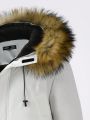 Men Fuzzy Trim Drawstring Hooded Flap Pocket Winter Coat
