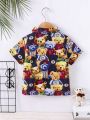 SHEIN Kids EVRYDAY Toddler Boys' Lovely Outdoor Bear Printed Turn-Down Collar Shirt For Summer