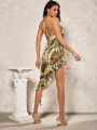 SHEIN BAE Women's Asymmetric High Split Shrink Pleats Wrapped V-Neck Long Dress With Ruffle Hem And Plant Print