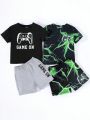SHEIN Kids EVRYDAY 4pcs/Set Toddler Boys' Casual Video Game Pattern Short Sleeve Top And Shorts With Lightning Game Controller Pattern Short Sleeve Shirt And Shorts