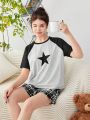 SHEIN Teen Girls' Knitted Color Block Raglan Sleeve Star Pattern Print T-Shirt And Plaid Shorts Home Wear Outfits