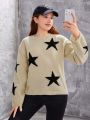 Teen Girls' Trendy Loose Fit Star Pattern Drop Shoulder Sweater