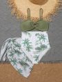Girls' (Big Kids') One Piece Swimsuit With Coconut Tree Print And Mesh Cover-Up Dress