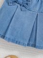 SHEIN Young Girls' Comfortable And Soft Bow Decorated Denim Skirt, Spring/Summer Boho Cute  Skirt