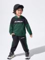 JNSQ Boys' Comfortable Hooded Sweater With English Letters Print And Side Contrast Splicing Sweatpants Set, Casual