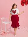 SHEIN Clasi Plus Size Sparkly Heart Print T-shirt With Ruffled Hem, And Half-body Skirt Set