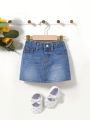 SHEIN Baby Girls' Water-Washed, Comfortable, Soft, Casual, Stylish, Loose-Fitting, Denim Skirt