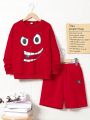 SHEIN Kids EVRYDAY Boys' Casual Cartoon Print Round Neck Pullover With Long Sleeve And Shorts, 2pcs/set